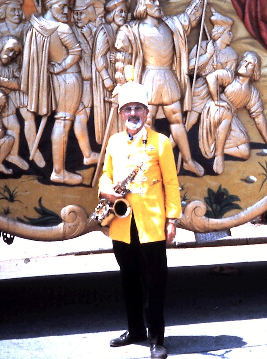 Emil Anello in front of Pawnee Bill Circus Wagon
